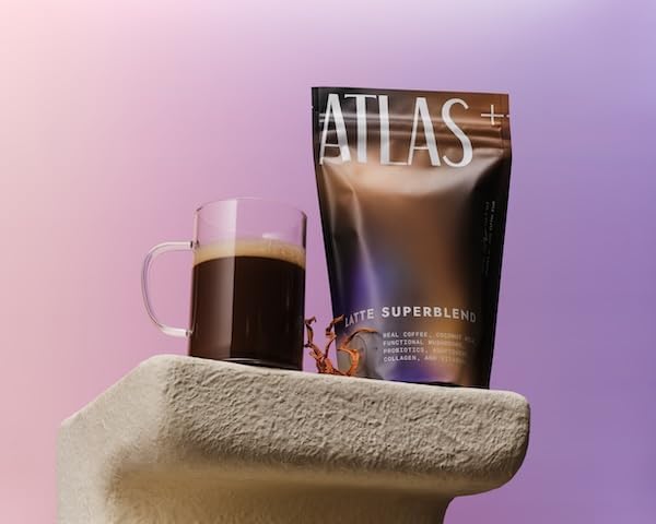 Atlas+ Latte Superblend– Instant Mushroom Coffee with Lion’s Mane, Reishi, Cordyceps, Ashwagandha, Probiotics, Vitamin D3 & B12, Coconut– for Energy, Focus, Immunity & Gut Health– 40 Servings (2 bags)