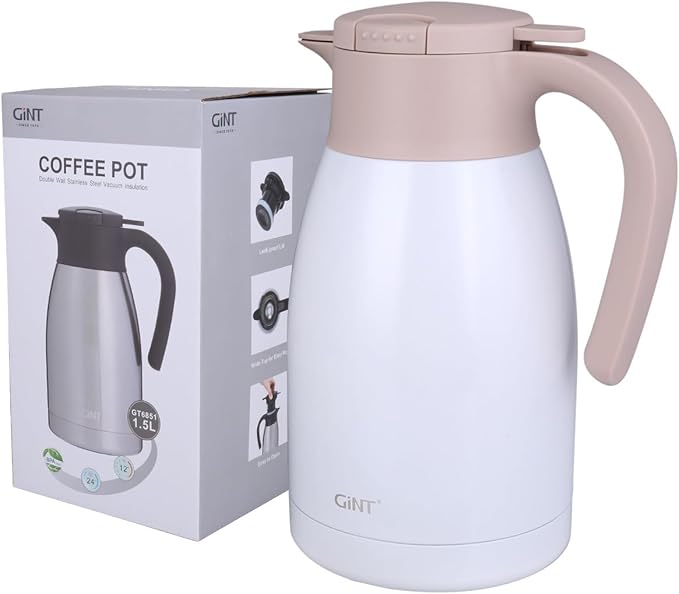 GiNT 50.7 Ounces Stainless Steel Thermal Coffee Carafe with Lid/Double Walled Vacuum Thermal Carafe / 12 Hour Heat Retention (White, 1.5L)
