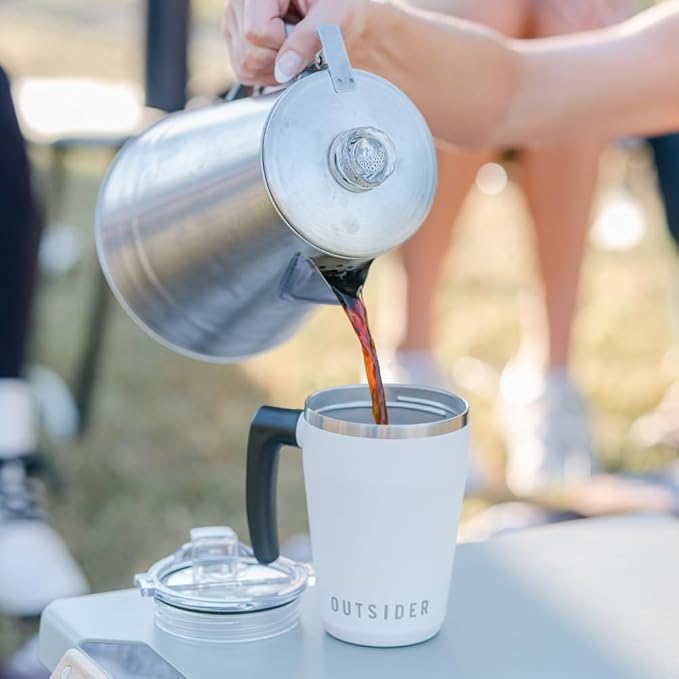 OUTSIDER Stainless Steel Vacuum Insulated Coffee Mug/Cup with Rotating Handle and Spill Proof Lid – Great Travel Tumbler for Outdoor, Home, Office – 17 ounces, White