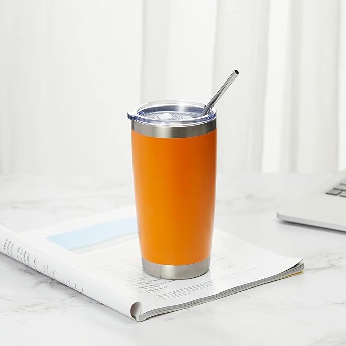 COMOOO 20oz Tumbler Bulk Double Wall Vacuum Insulated Travel Mug, Stainless Steel Tumbler with Lid and Straw Durable Powder Coated Insulated Coffee Cup for Cold & Hot Drinks (Orange, 4 pack