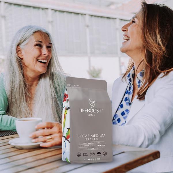 Lifeboost Medium Roast Swiss Water Decaf Coffee Ground - Non-GMO Low Acid Single Origin USDA Decaf Organic Coffee - Third Party Tested For Mycotoxins & Pesticides - 12 Ounces