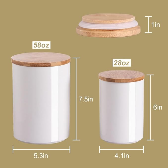 Sweejar Kitchen Ceramic Food Storage Containers Set, Stackable Canisters for Countertop with Airtight Boomboo Lids for Serving Ground Coffee, Tea, Sugar, Salt and More- Set of 2 (White)