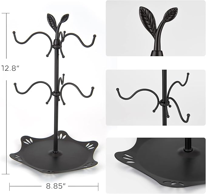Coffee Mug Holder for Large Mugs, Mug Tree for Counter, Cup Holder for Countertop, Mug Rack with Tray, Metal Mug Tree with 6 Hooks, Coffee Counter Bar Accessory & Kitchen Home Organizer