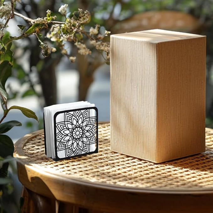 Mandala Sunflower Decorative Black Metal Napkin Holder for Table, 4.9" x 4.9" x 1.9" Sunflower Standing Napkin Holder for Home Kitchen Restaurant Picnic Party Coffee Bar Dining Room