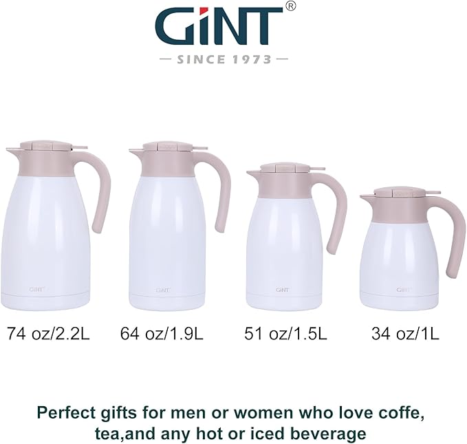 GiNT 1L / 34Oz Thermal Coffee Carafe, Insulated Stainless Steel Coffee Carafes for Keeping Hot/Double Walled Vacuum Thermal Carafe (White)