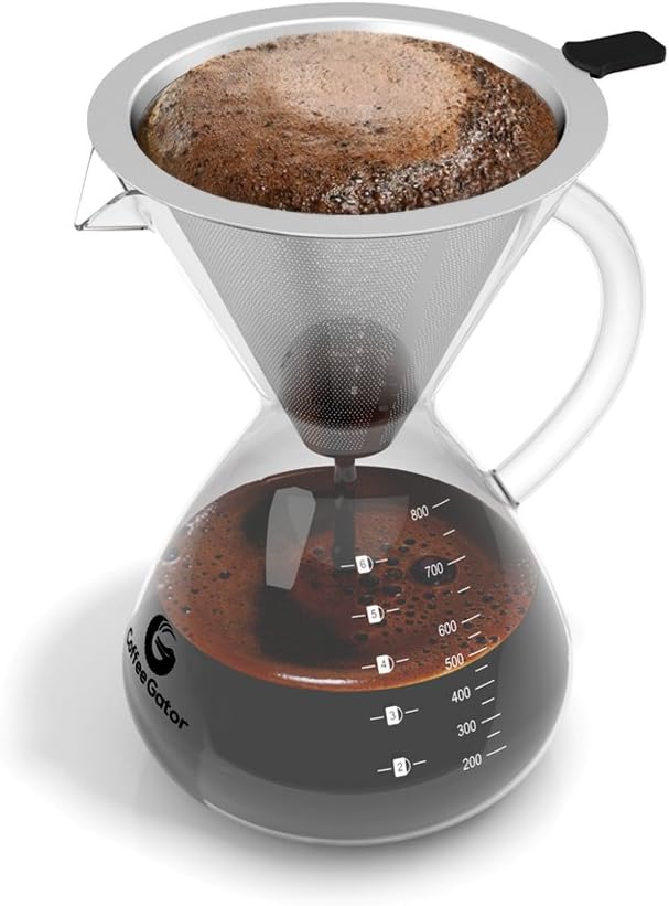 Coffee Gator Pour Over Coffee Maker - 27oz High Heat Borosilicate Glass with Reusable Stainless Steel Filter, Drip Coffee Brewer Dripper Set Carafe, 800ml Clear