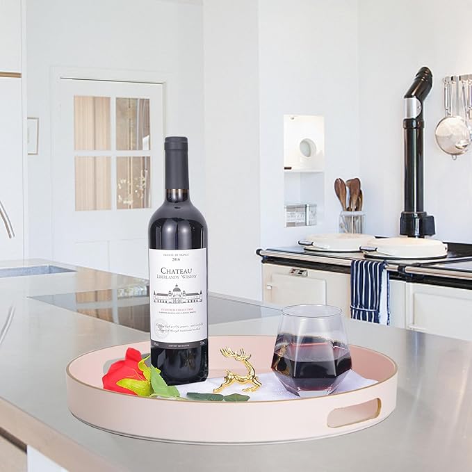 Gifturbo Matte Pink Decorative Serving Tray,Round Serving Trays with Handles, Coffee Table Tray Ottoman Round Plastic Trays for Living Room, Bathroom