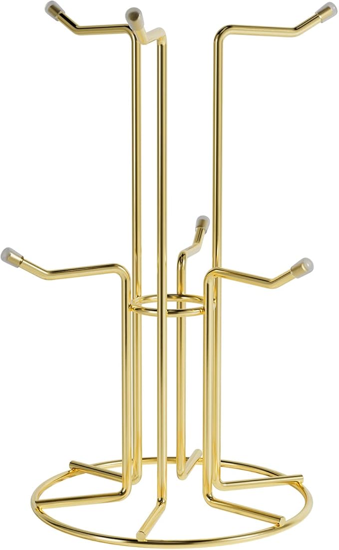 HULISEN Mug Holder for Large Cups, Mug Tree for Counter with 6 Hooks, Metal Coffee Mug Stand for Easy Pick, Place and Display, Coffee Bar Accessories and Decor, Free Standing Mug Rack, Gold