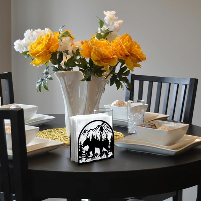 Forest Animals Mountain Decorative Black Metal Napkin Holder for Table, 4.9" x 4.9" x 1.9" Bear Standing Napkin Holder for Home Kitchen Restaurant Picnic Party Coffee Bar Dining Room