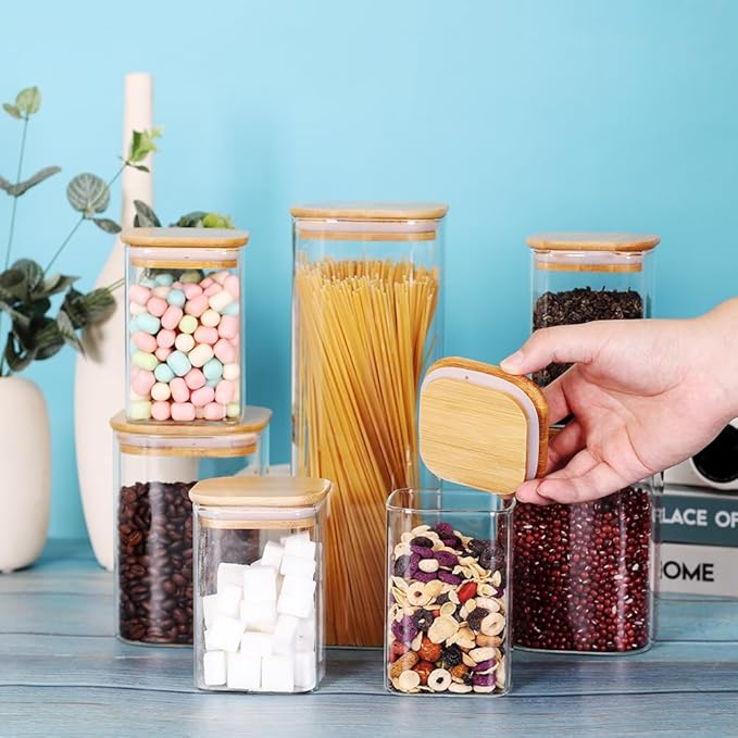 Glass Storage Canister with Wooden Lid, Set of 7 Square Glass Jars with Bamboo Lids, Glass Food Storage Containers for Pasta, Cereal, Flour, Sugar, Best for Kitchen & Pantry