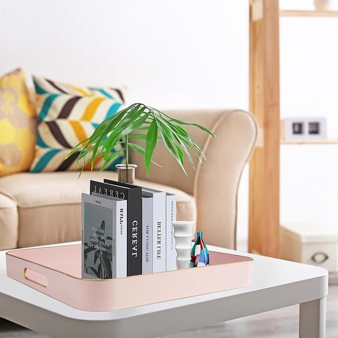 Gifturbo Pink Square Decorative Tray,Serving Tray with Handles with Gold Trimming Plastic Coffee Table Tray for Ottoman, Living Room, Home Decor,Bathroom with Gold Trimming, 13” x 13” x1.57”