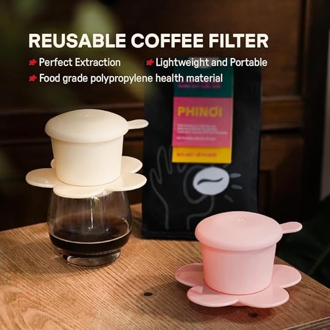 – Vietnamese Coffee Dripper – MIX COLORS – Pour Over Coffee Maker with Flower Design – Reusable Coffee Filter for Sustainable Brewing (Red + Ivory)