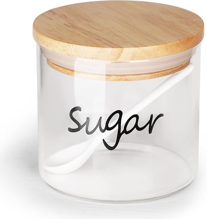 Clear Glass Sugar Bowl with Spoon and Silicone Sealing Lid, Farmhouse Kitchen Countertop Canisters, Container Jar Dispenser Holder for Kitchen,12 oz
