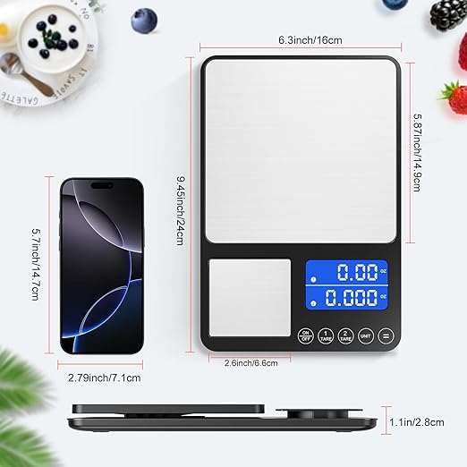 0.001 oz / 33 lb Dual Platform Kitchen Scale, Digital Food Scale with Two Precision Surfaces, LCD Display, 7 Units, Tare & Accumulation Functions – Perfect for Baking, Sourdough, and Cooking