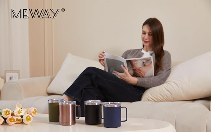 MEWAY 12oz Coffee Mug With Handle,Stainless Steel Insulated Travel Tumblers With Sliding Lid,Double Wall Vacuum Camping Cup for Hot & Cold Drinks Tea (Sliver,Set of 1)
