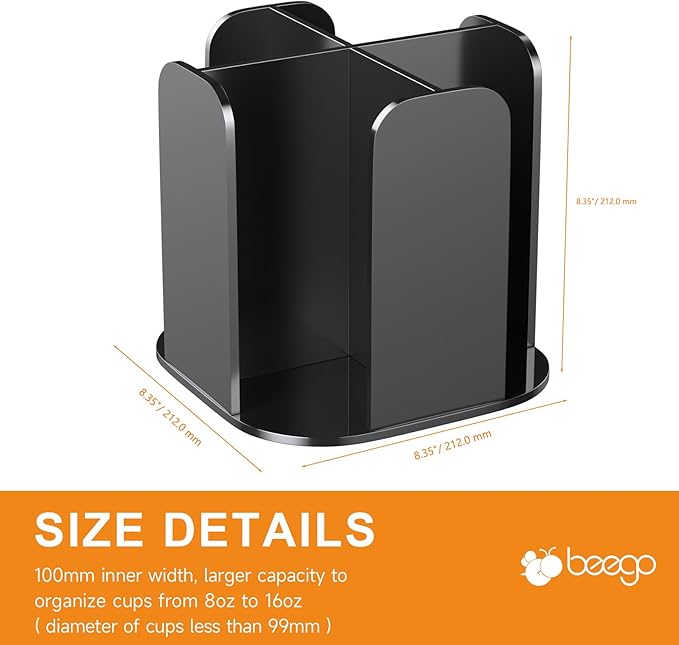Beego Coffee Cup Holder Organizer - Rotatable 4 Compartments Black Acrylic Cup Dispenser Station With Lid Carousel - Countertop Plastic Cup Holder for Restaurant Breakroom Bar Accessories