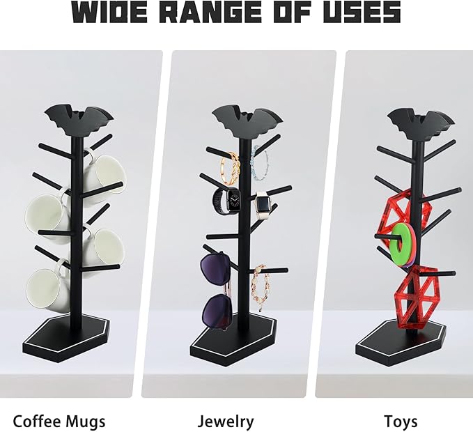 Bat Mug Holder Tree - 8 Hooks Coffee Mug Rack - Gothic Home Decor Wood Coffee Mug Tree for Countertop - Coffee Cup Holder for Halloween Kitchen Organizer & Coffee Bar Accessories (Coffin)