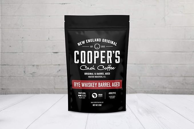 Rye Whiskey Barrel Aged Coffee, Medium Roast Ethiopian Beans Aged in Rye Whiskey Barrels,12 oz Bags, Ground