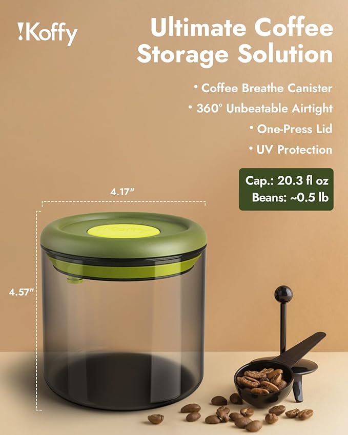 Airtight Coffee Canister – One-Way CO₂ Valve, UV Protection, 3X Thicker Glass, Coffee Bean Storage Container for Ground Coffee & Tea, 20.3 fl oz, for 0.5 lb Beans