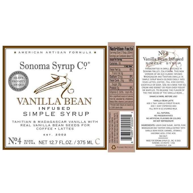 Sonoma Syrup Co. Vanilla Bean Infused Simple Syrup 12.7 fl oz | for Coffee, Tea, and Baking | Hand Crafted in the USA