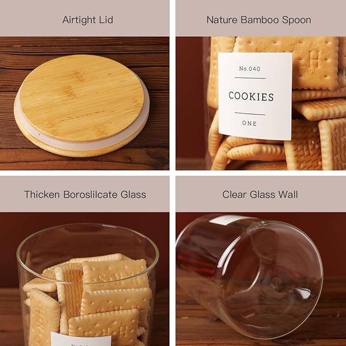 Set of 6 Glass Flour and Sugar jars with 132 Kitchen Pantry Labels - Thicken Large Glass Storage containers with Airtight Bamboo Lid - Glass Rice Canisters for Salt Coffee(100OZ/54OZ/27OZ)