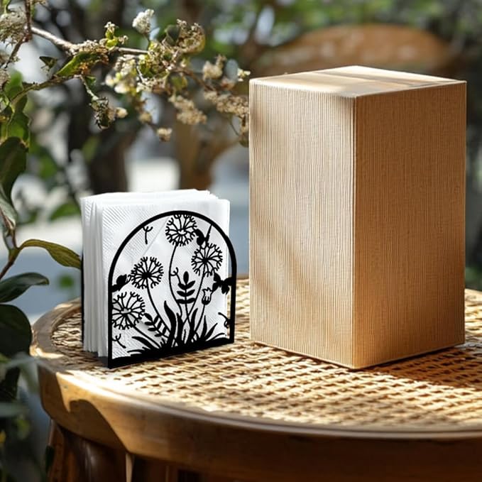 Dandelion Decorative Black Metal Napkin Holder for Table, 5.3" x 4.9" x 1.9" Grass Flower Standing Napkin Holder for Home Kitchen Restaurant Picnic Party Coffee Bar Dining Room