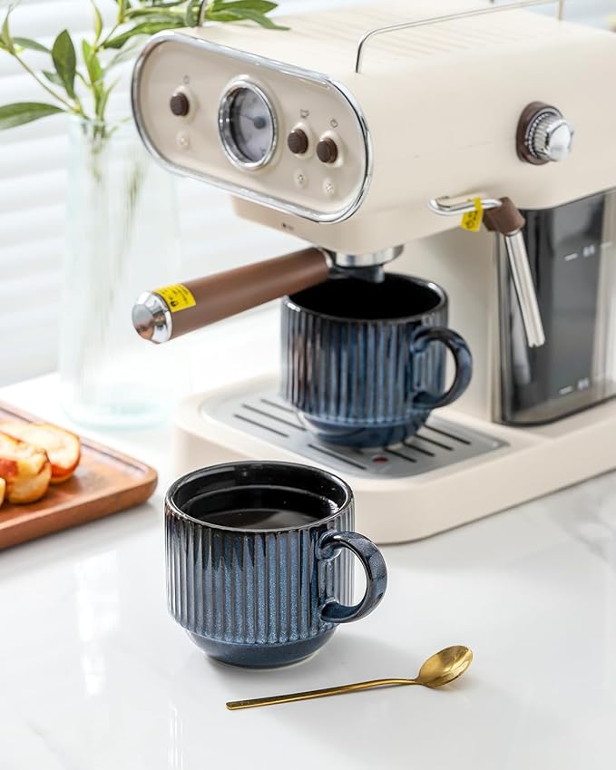 Hasense Coffee Mug Ceramic Set of 2 with Stand - 15 oz Stackable Coffee Cups for Wedding & Housewarming Gifts - Microwave Dishwasher Safe, Navy Blue