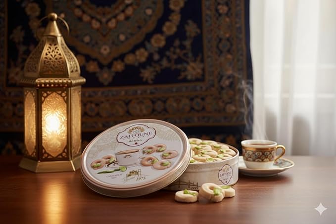 Zaitoune Ghraybeh Cookies - 9 oz | Traditional Middle Eastern Pistachio Shortbreads Handcrafted in Turkey | Beautiful Reusable Gift Tin | Perfect for Dessert | Great Sharing Present