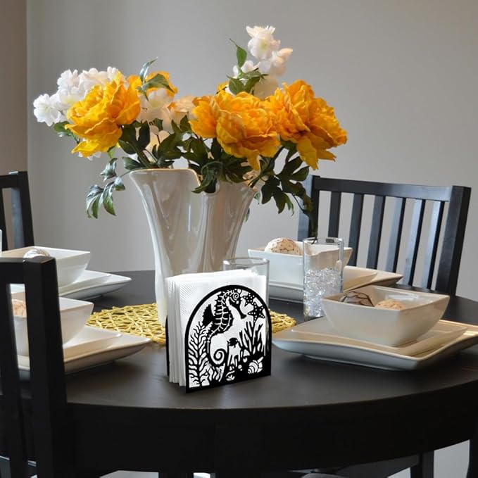 Seahorse and Coral Decorative Black Metal Napkin Holder for Table, 4.9" x 4.9" x 1.9" Ocean Standing Napkin Holder for Home Kitchen Restaurant Picnic Party Coffee Bar Dining Room