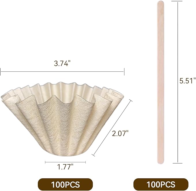 Coffee Filters 1-2 Cup 100 Count Disposable Basket Coffee Filter Paper with 100 Pcs Wooden Coffee Stirrer Sticks Natural Filters for Commercial Home Pour Over Coffee Kit