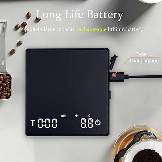 Espresso Scale with Timer/Tare, 2kg/0.1g Precision Portable Mini Coffee Scale with Auto Timing for Espresso and Pour Over Coffee, Rechargeable LED Display Digital Kitchen Scale with g/oz Unit