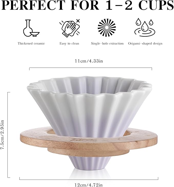 Bincoo Ceramic Coffee Dripper,Pour Over Coffee Dripper with Wood Stand, Flower-shape for 1-2 Cups Slow Brewing Maker for Home Cafe (Purple)