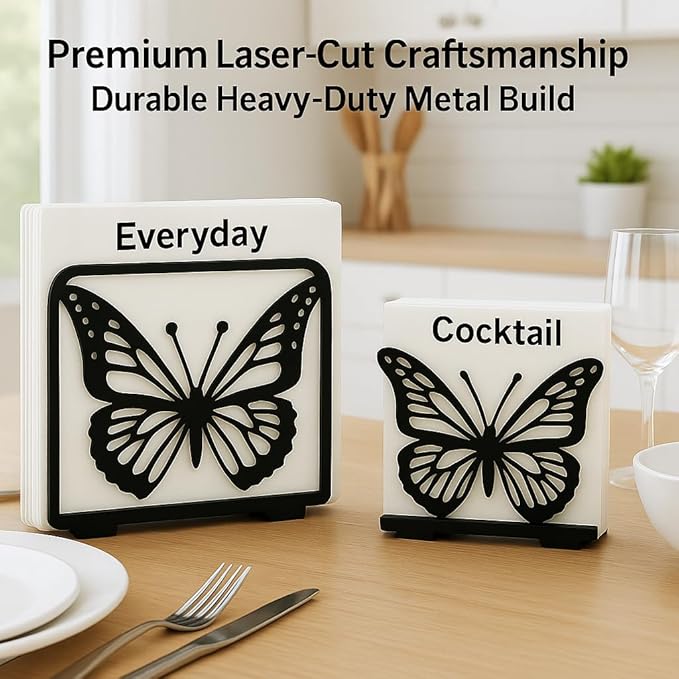 Butterfly Napkin Holder Set – 2 Pack Metal Stand for Everyday & Cocktail Napkins | Modern Black Decorative Coffee Filter Holder for Kitchen, Coffee Bar, Party, Dining Table & Gift