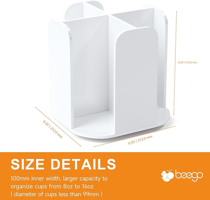 Beego Rotatable 4-Compartment White Acrylic Cup Dispenser - Coffee Station Cup and Lid Carousel Countertop Plastic Cup Holder for Restaurant Breakroom Coffee Bar
