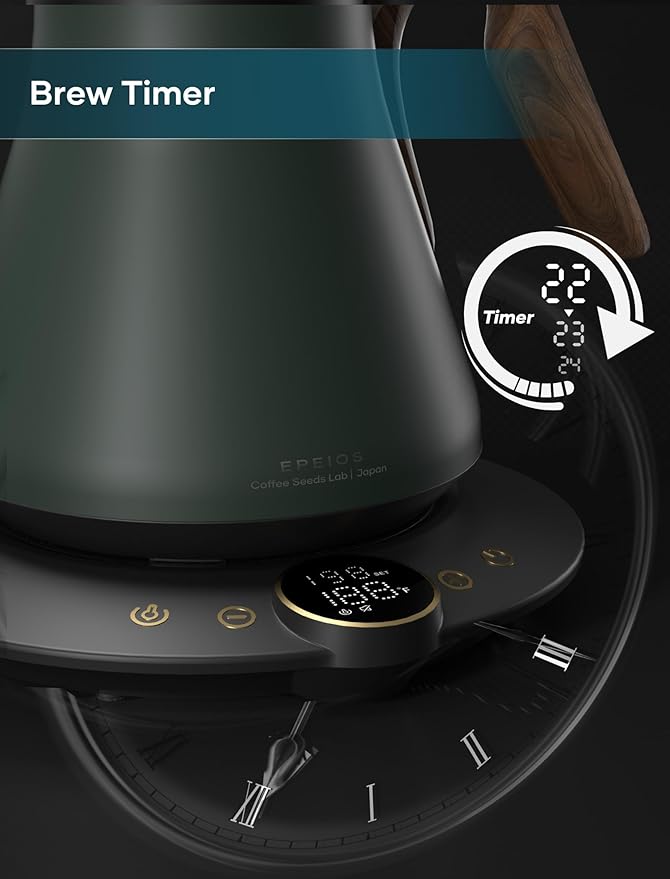 Gooseneck Electric Kettle with ±1℉ Temperature Control for Pour Over Coffee & Tea, Quick Heating, BPA-Free Stainless Steel, Built-in Brew Timer, 1500W/0.9L (Forest Green)