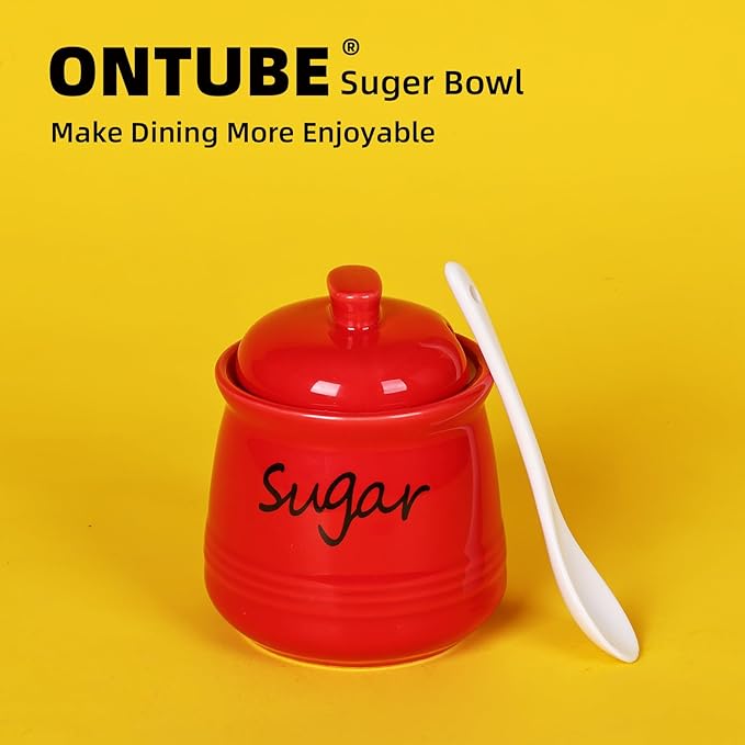 ONTUBE Ceramic Sugar Bowl with Lid and Spoon 12oz (Red)