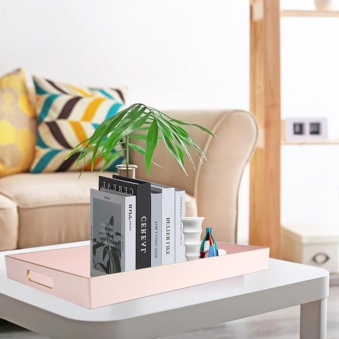 Gifturbo Pink Large Serving Tray with Handles,Rectangular Plastic Elegant Decorative Coffee Table Tray for Ottoman, Living Room, Bathroom, Home Decor, Vanity Trays with Gold Trimming, 15.7” x 11.8”