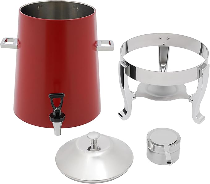 Stainless Steel Beverage Dispensers, Drink Dispenser with Fuel Holder & Base & Stainless Steel Faucet 3.4Gal Hot Beverage Dispenser, Commercial Coffee Urn for Hotels, Canteens(Silver, Red)