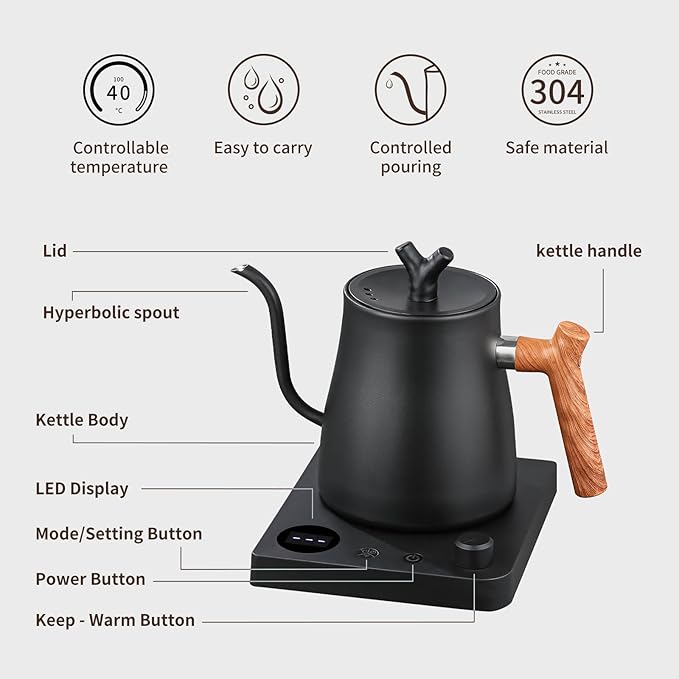 Water Kettle Electric,Gooseneck Electric Kettle with 50pcs Coffee Filter,±1℉ Temperature Control, Fast Heating, Stainless Steel Interior, Ideal for Precise Pour-Over Coffee and Tea