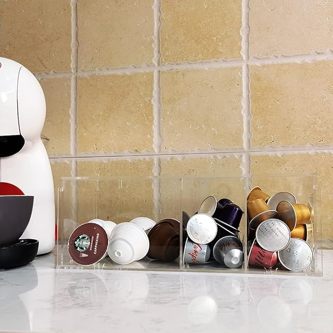Coffee Capsule Holder Acrylic Box K Cup Holder Coffee Pod Storage Clear Acrylic 4 Compartment with Lid Organizer Coffee Bar Accessories