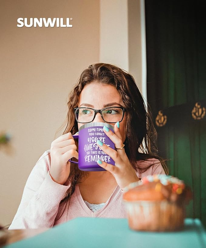 SUNWILL Insulated Coffee Mug with Lid, Birthday Gifts for Women, Stainless Steel Coffee Cup, Inspirational Sometimes You Forget You're Awesome Gifts for Christmas, Graduation, Thank You - 14oz Purple