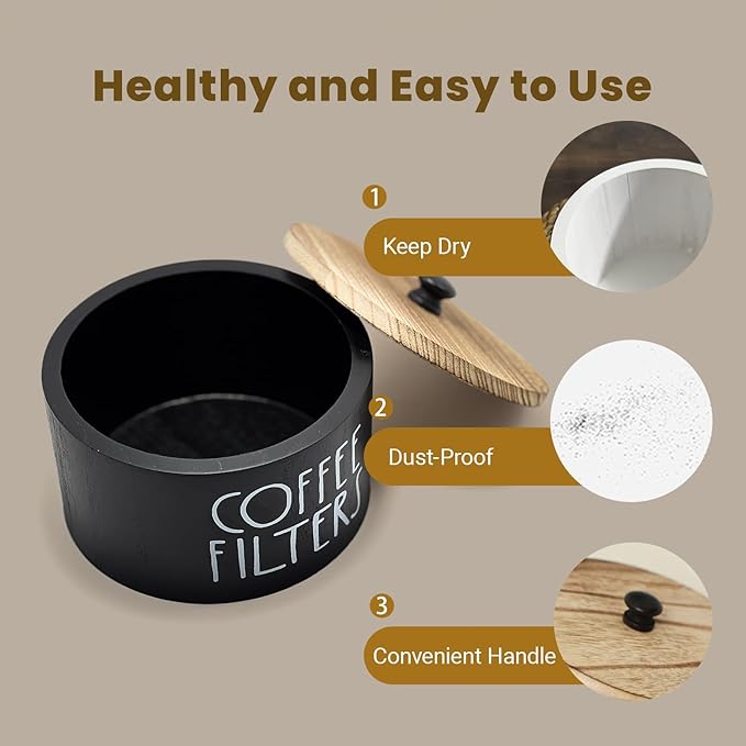 Wooden Coffee Filter Holder With Lid-Rustic Storage Container and Dispenser Basket for Coffee Bar Decor, Farmhouse Accessories(Black)