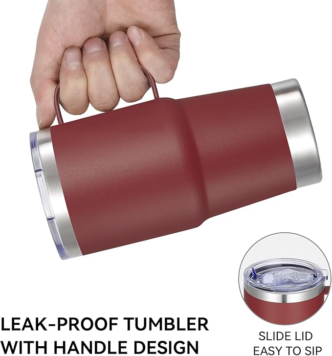 VEGOND 20 oz Tumbler Bulk with Handle Lid and Straw, Stainless Steel Insulated Travel Coffee Mug Set, Spill Proof Double Wall Metal Tumblers Cups, Wine Red 12 Pack