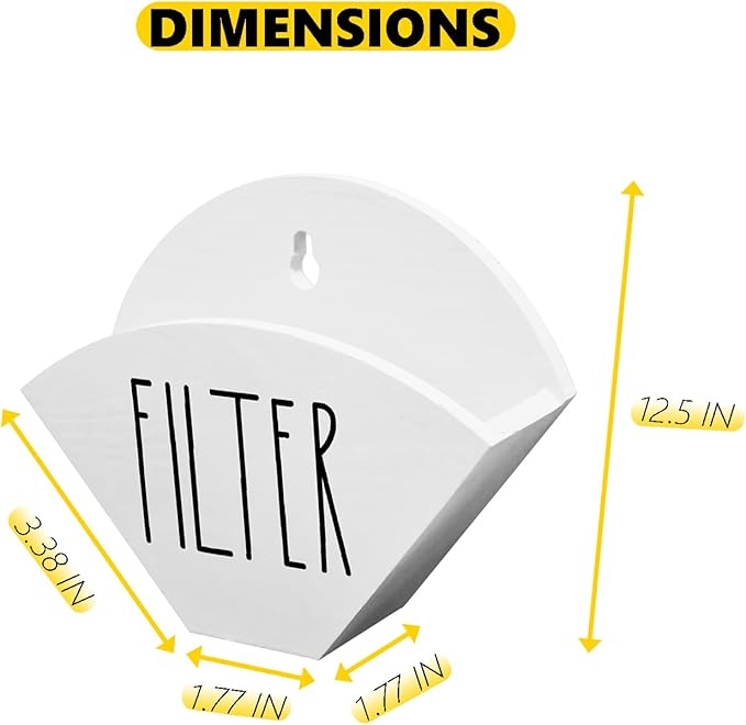 Farmhouse Wood Coffee Filter Holder & Dispenser - Wall Mounted Cone Filter Storage for Coffee Bar Decor (White)