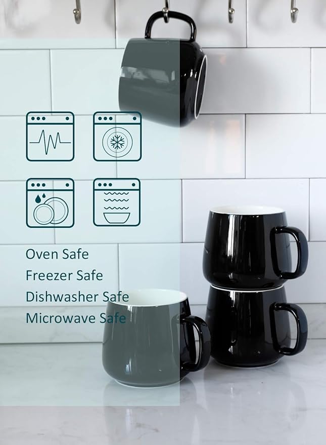 Teocera Ceramic Coffee Mug Set of 4-12 oz Coffee Mugs with Large Handles for Hot or Cold Drinks Like Latte, Cocoa, Tea or Juice - Smooth Ceramic, Dishwasher Safe,Black