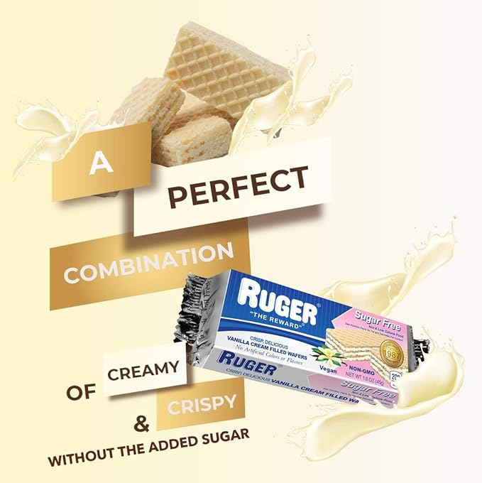 RUGER Sugar-Free Vanilla Wafers 1.6 Ounce (Pack of 12) - Delightfully Crisp & Creamy Treats - Natural Ingredients, Non-GMO, Vegan, No Artificial Colors/Flavors - Ideal for Desserts & Everyday Snacking