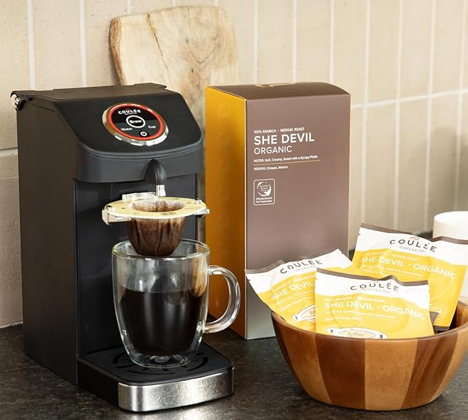 Coulée EcoPour She Devil Coffee, All Paper Single Serve Arabic Coffee, Medium Roast, Use for Camping or Traveling, Pre Filled Compostable Filters, Ready to Brew with Hot Water, Plastic Free, 20 Pack