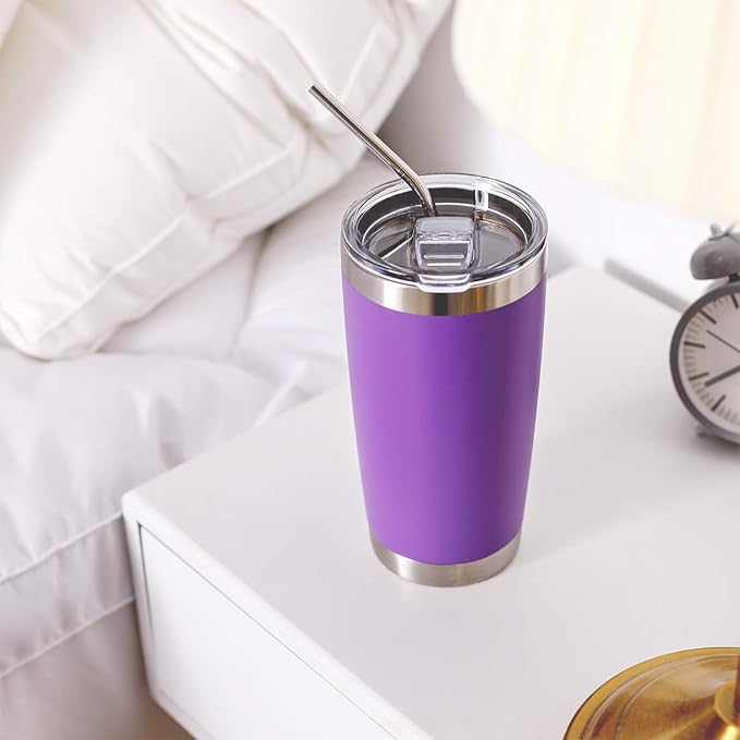 COMOOO 20oz Stainless Steel Tumbler with Lid and Straw, Double Wall Vacuum Insulated Travel Mug, Durable Powder Coated Insulated Coffee Cup for Cold & Hot Drinks Purple, 6 Pack