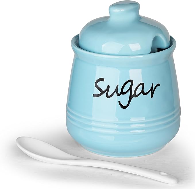 HAOTOP 12oz Sugar Bowl with Lid and Spoon,Ceramic Sugar Jar Sugar Dispenser Sugar Container Coffee Bar Accessories, Kitchen Countertop Canisters,Turquoise