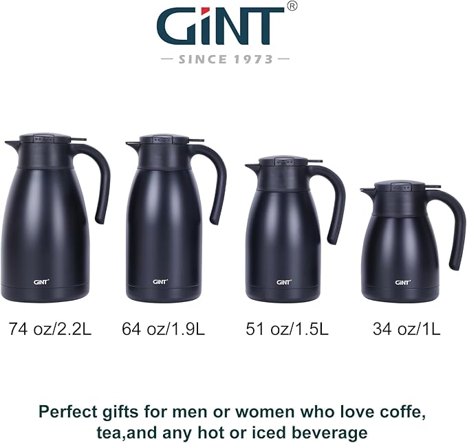 GiNT 51Oz Stainless Steel Thermal Coffee Carafe with Lid/Double Walled Vacuum Thermal Carafe / 12 Hour Heat Retention (Black, 1.5L)